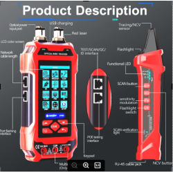 ET638 Network Cable Tester Multimeter Optical Power Meter Visual Fault Locator LAN Cable Tracing Voltage QC POE Crimping Test